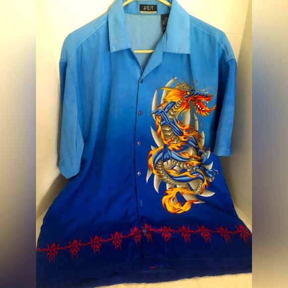 Vintage J/E/T JET STRTWR Dragon Blue Button Up Shirt Medium - Picture 1 of 7